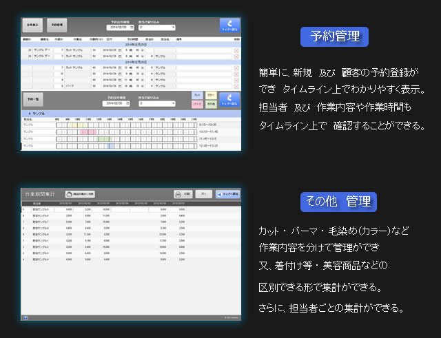 予約管理、作業・担当者管理などの画面